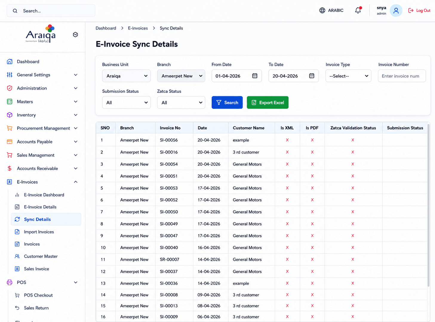 Araiqa invoice synchronization dashboard